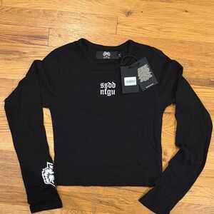 Darc Sport Moth Kanji L/S "Baby" Tee in Black Black Long Sleeve Graphic Crop Top